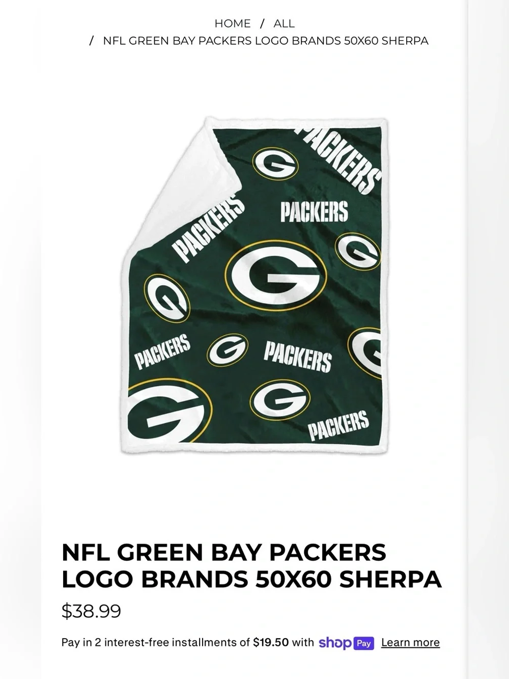 NFL Green Bay Packers Logo Brands Sherpa Blanket 50X60